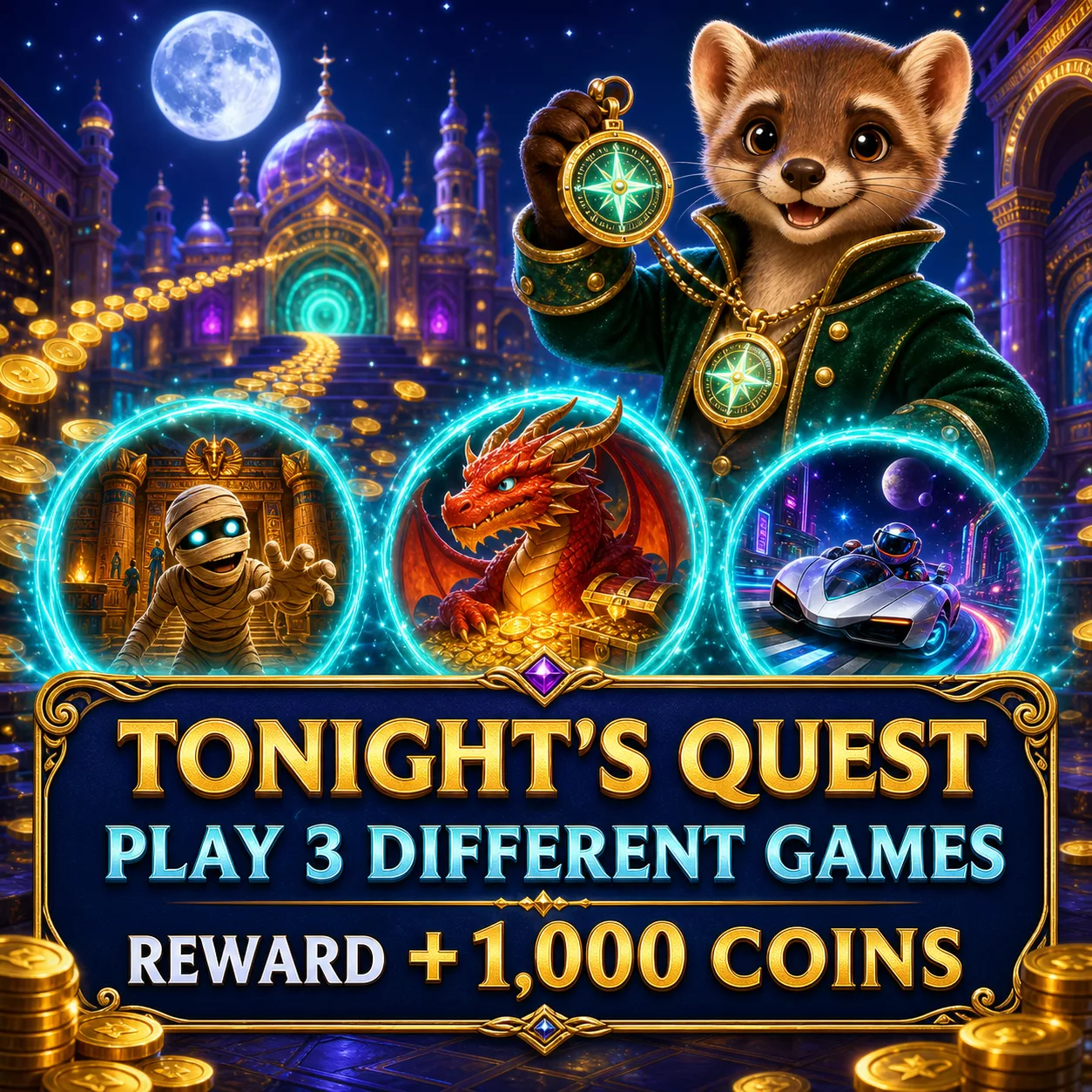 Tonight's Quest: play 3 different games and earn 1,000 pinecones