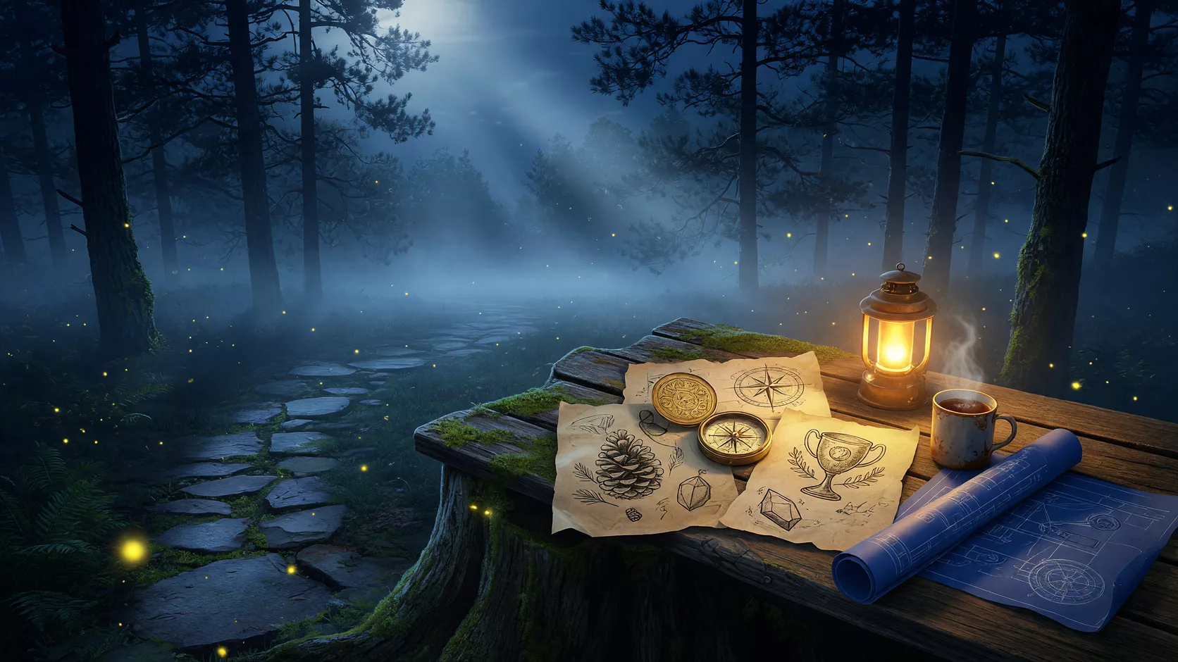 The founding Pinemarrow team gathered around a lantern-lit workbench carved into a pine stump, sketching game ideas