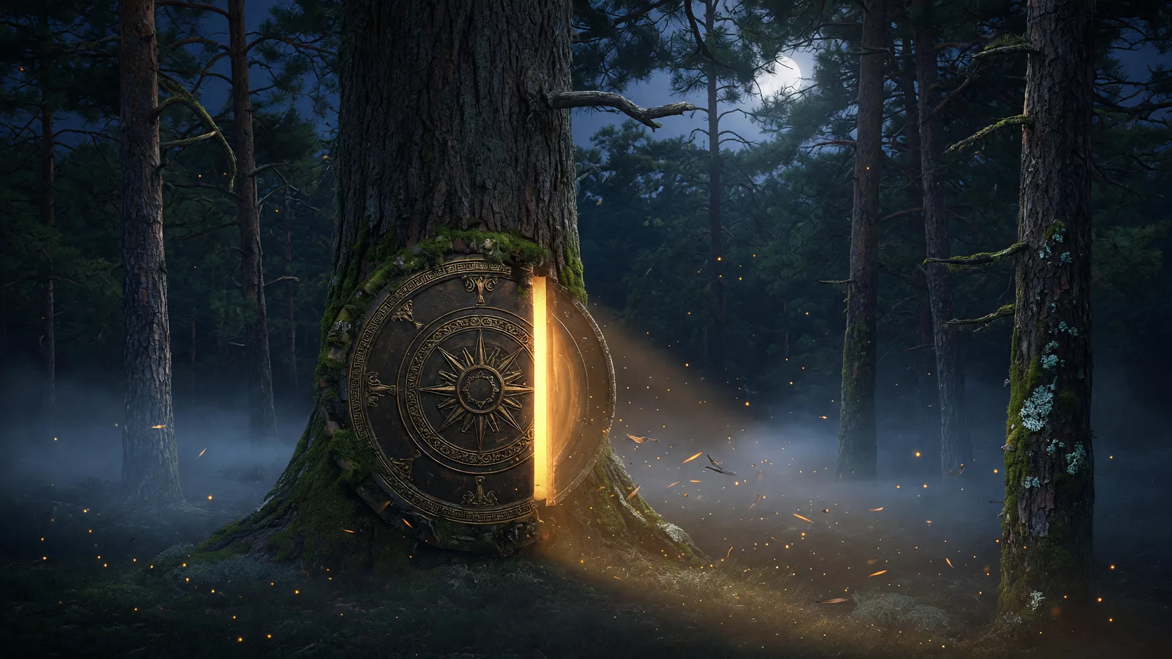 An ornate glowing golden vault door set into a giant pine trunk deep in the forest