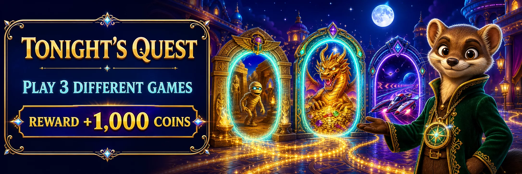 Tonight's Quest: play 3 different games and earn 1,000 pinecones