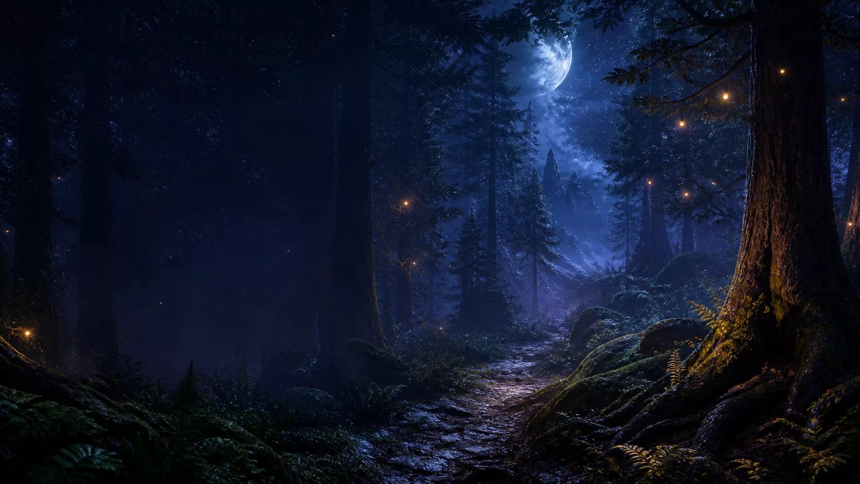 Moonlit enchanted pine forest